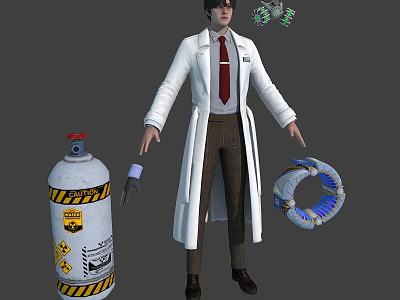 Scientist with Lab Coat Red Tie Green Microbes LPG Cylinder and Blue Light Ring 3d model