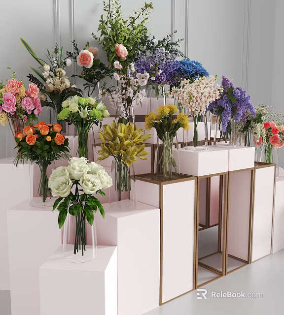 Commercial White And Gold Display Stands For Various Colored Flower Bouquets In Vases 3d model 