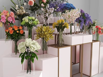 Commercial White And Gold Display Stands For Various Colored Flower Bouquets In Vases 3d model