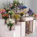 Commercial White And Gold Display Stands For Various Colored Flower Bouquets In Vases