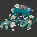 Turquoise Game Console With Pink Screen And Matching Controllers Decorated With White Roses And Petals