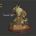 Horned Fantasy Warrior Character With White Fur Armored Holding Sword On Grass Base Platform