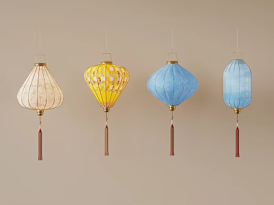 Elegant Hanging Lanterns In Various Colors Different Shapes And Decorative Tassels 3d model