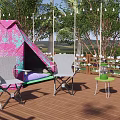 Garden Landscape Featuring Pink Tent Wooden Deck Chairs Trees And String Lights On Grass