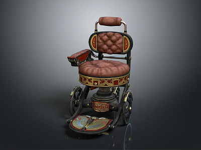Vintage Medical Mobility Wheelchair With Ornate Carvings Padded Seat And Spoked Wheels 3d model