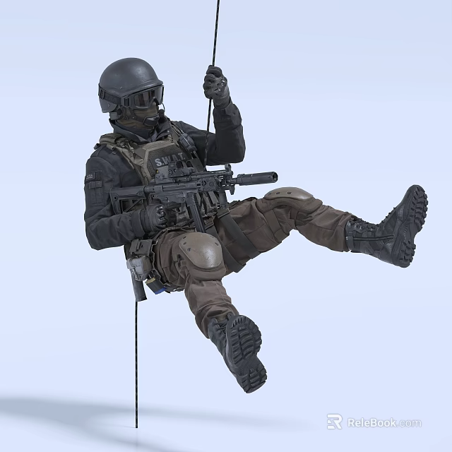 Man in tactical gear wearing helmet and goggles holding rifle while suspended by rope 3d model 