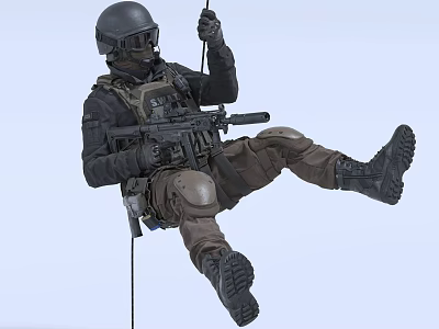 Man in tactical gear wearing helmet and goggles holding rifle while suspended by rope 3d model