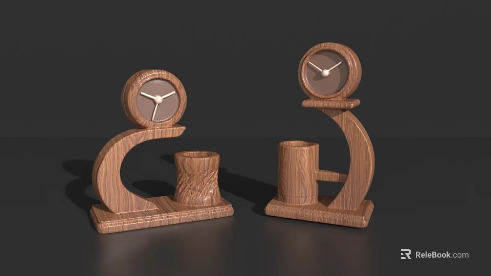 Wooden Decorative Ornament Set With Round Clocks Curved Base Stands And Small Cylindrical Accents 3d model 