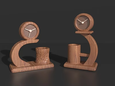 Wooden Decorative Ornament Set With Round Clocks Curved Base Stands And Small Cylindrical Accents 3d model