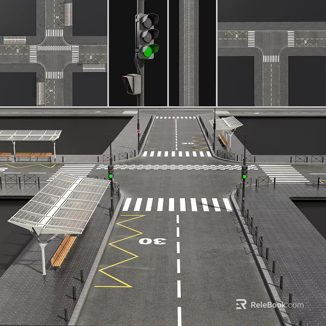 Road Infrastructure With Green Traffic Lights Zebra Crossings Solar Bus Shelters Benches And Lane Markings 3d model 
