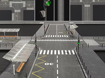Road Infrastructure With Green Traffic Lights Zebra Crossings Solar Bus Shelters Benches And Lane Markings 3d model