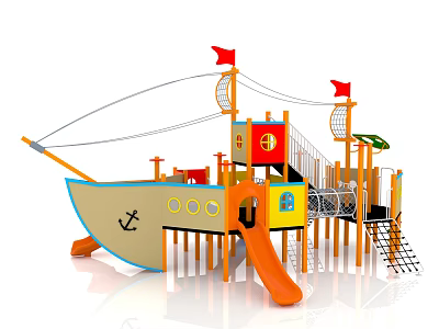 Colorful Outdoor Pirate Ship Play Equipment with Slide Nets Stairs for Kids 3d model