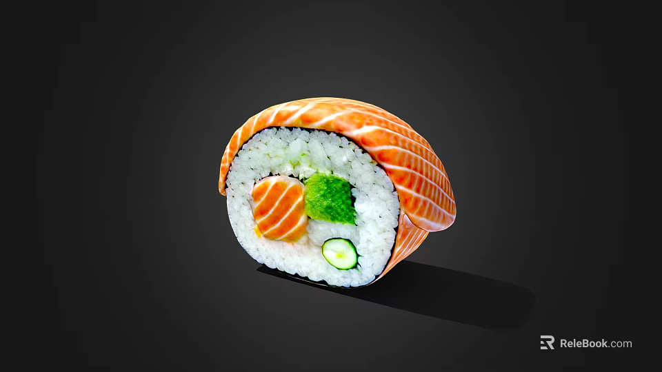 Fresh Japanese Salmon Sushi Roll With Rice And Cucumber Ingredients 3d model 