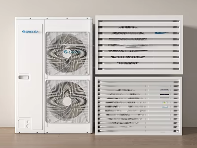 White Air Conditioner Fans With Dual Fan Design And Louvered Outdoor Units 3d model