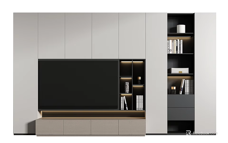 Modern TV Stand with Large Screen TV Illuminated Storage Compartments and Bookshelves 3d model 