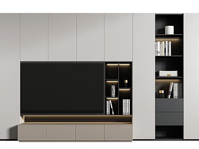 Modern TV Stand with Large Screen TV Illuminated Storage Compartments and Bookshelves 3d model