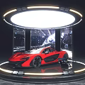 Modern Display Showcase Featuring Red Sports Car And Circular Lighting Design