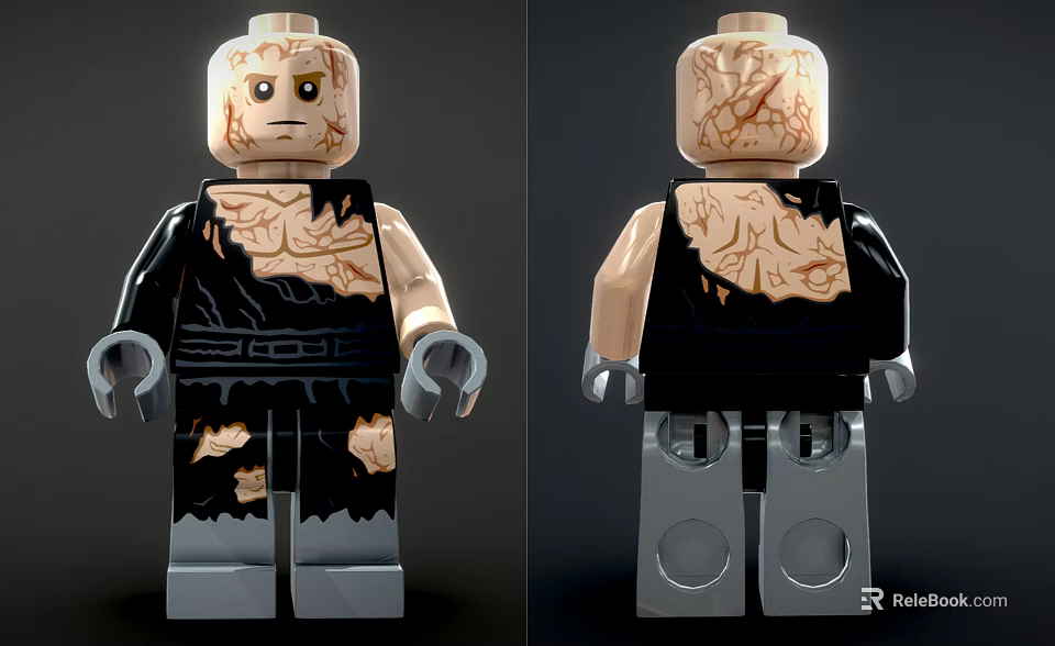 Lego Minifigure With Cracked Texture And Black Outfit Front Back Views Detailed Design 3d model 