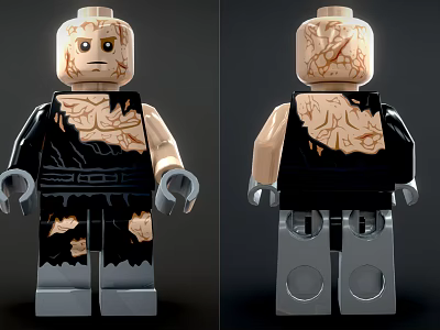 Lego Minifigure With Cracked Texture And Black Outfit Front Back Views Detailed Design 3d model