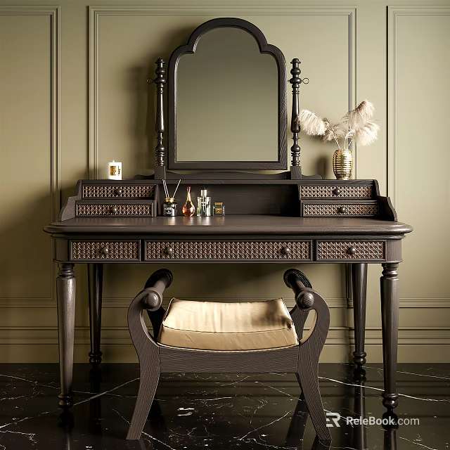 Dark Wooden Dressing Table With Mirror Chair Beige Cushion And Decor On Green Wall 3d model 