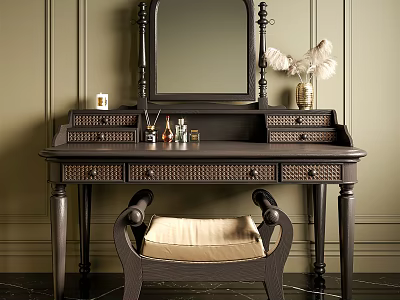 Dark Wooden Dressing Table With Mirror Chair Beige Cushion And Decor On Green Wall 3d model