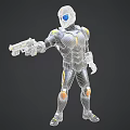 Man Wearing Gray Orange Blue Futuristic Armor Holding High Tech Gun