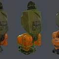 Two Orange Robots Covered With Green Cloth Featuring ACB ROBOT Text 3d model