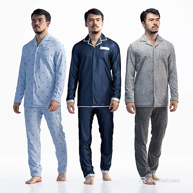 Men Wearing Long Sleeve Pajama Sets In Light Blue Dark Blue And Gray Colors 3d model 