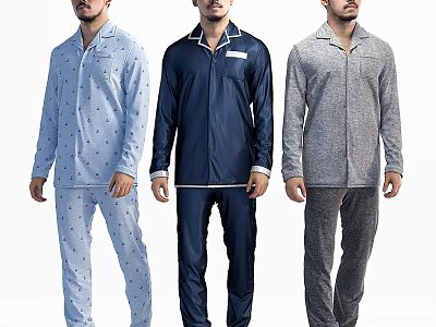 Men Wearing Long Sleeve Pajama Sets In Light Blue Dark Blue And Gray Colors 3d model