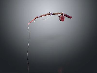 Colorful Fish Hanging On Curved Wooden Fishing Rod With Red Parts And White Line 3d model