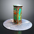 Vintage Rustic Mailbox With Green Red Weathered Paint Rusty Surface On Circular Gray Base