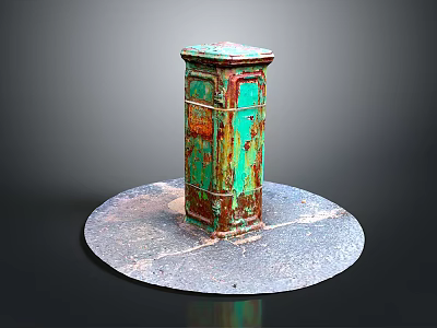 Vintage Rustic Mailbox With Green Red Weathered Paint Rusty Surface On Circular Gray Base 3d model