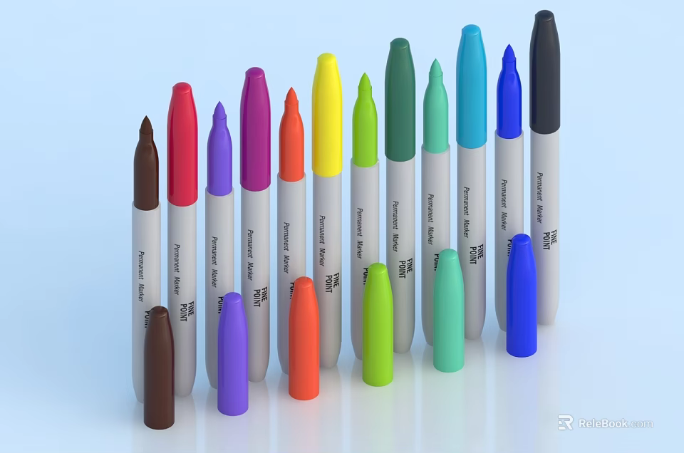 Colored Markers With White Barrels And Assorted Bright Colors Arranged 3d model 