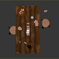 Wooden Table Setup With Red Vase Cookies Plate Beer Mug Poker Cards And Wooden Stool