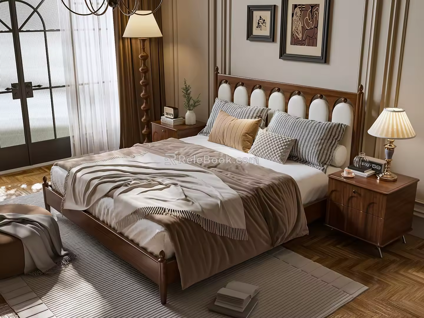 French Middle Style Double Bed French Middle Style Double Bedside Table Floor Lamp Table Lamp 3d model