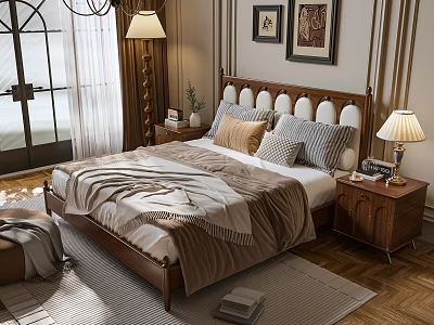 Classic Double Bed Bedroom Interior With Wooden Headboard Soft Bedding And Table Lamp 3d model