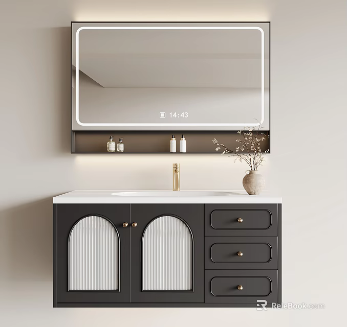 Stylish Black Bathroom Cabinet with Arched Doors Vertical Stripes Drawers Mirror and Light Strip 3d model 