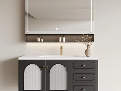 Stylish Black Bathroom Cabinet with Arched Doors Vertical Stripes Drawers Mirror and Light Strip 3d model