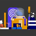 Colorful Commercial Equipment With Purple Target Board Orange Structure And Transparent Dome Interactive Figures