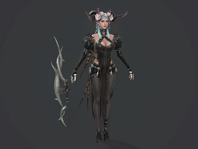 Game Movie Character With Horns Pink Flowers Blue Hair Black Leather Outfit Holding Bow 3d model
