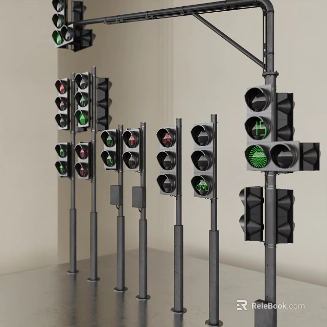 Outdoor Traffic Lights in Various Sizes with Green Lights Illuminated on Metal Poles 3d model 