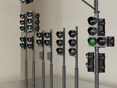 Outdoor Traffic Lights in Various Sizes with Green Lights Illuminated on Metal Poles 3d model