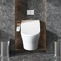 Modern Wall Mounted Toilets Arranged On Grey Marble Bathroom Wall With Metal Bins