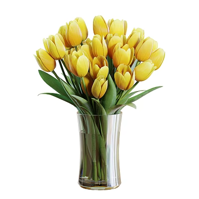 Beautiful Yellow Tulips in Transparent Glass Vase with Fresh Green Leaves Bouquet Arrangement 3d model