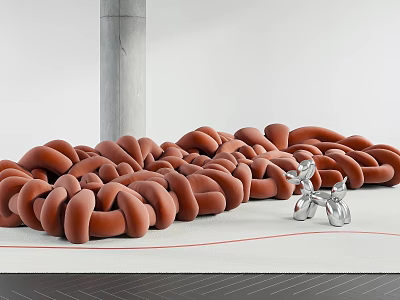 Minimalist Brown Braided Abstract Sofa In Modern Space With Silver Sculpture 3d model