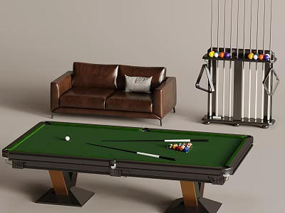 Entertainment Pool Table With Green Felt Surface Billiard Balls Cues Leather Sofa And Cue Rack 3d model