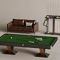 Entertainment Pool Table With Green Felt Surface Billiard Balls Cues Leather Sofa And Cue Rack