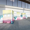 Colorful Hot Air Balloons in Large Indoor Exhibition Space with Booths and Windows