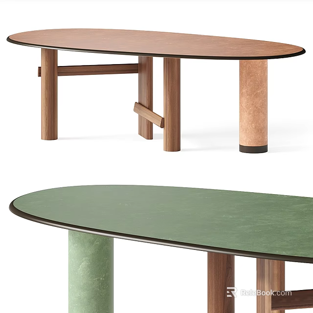 Modern Oval Dining Tables With Brown Green Tops Wooden Legs And Cylindrical Supports 3d model 