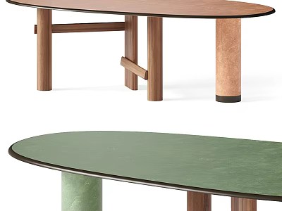 Modern Oval Dining Tables With Brown Green Tops Wooden Legs And Cylindrical Supports 3d model